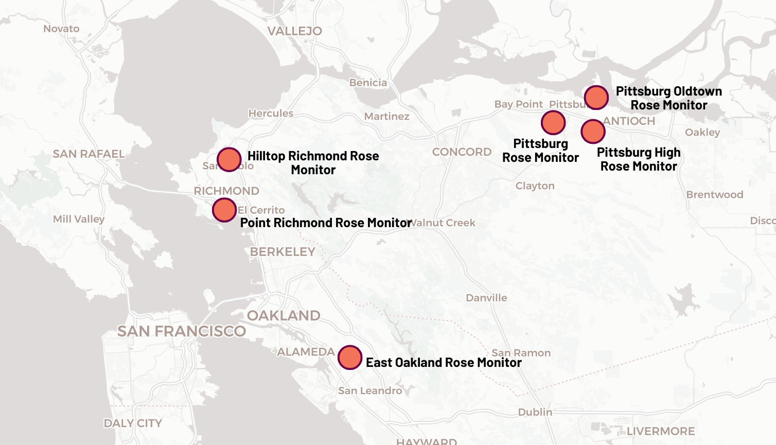 Map of Rose Air Monitoring Network with 6 locations throughout the East Bay.