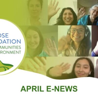 A screenshot of the Rose Foundation for Communities and the Environment's April E-News. It features a group video call with ten smiling participants waving at the camera. The background shows the organization’s logo and name on the left.