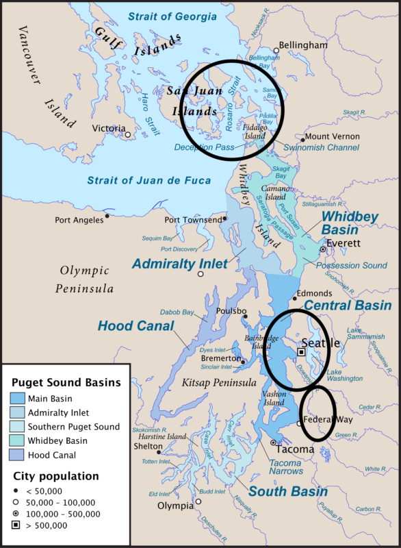 A map showing black circles that demonstrate the rough areas the Rose Foundation will consider funding water quality projects in for its Puget Sound Stewardship & Mitigation Fund.