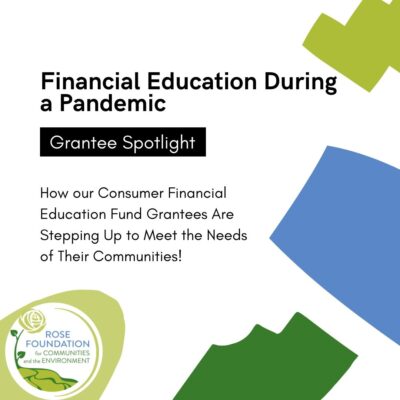 A graphic titled "Financial Education During a Pandemic - Grantee Spotlight." It reads, "How our Consumer Financial Education Fund Grantees Are Stepping Up to Meet the Needs of Their Communities!" The Rose Foundation logo is in the lower-left corner. Various colorful shapes decorate the design.