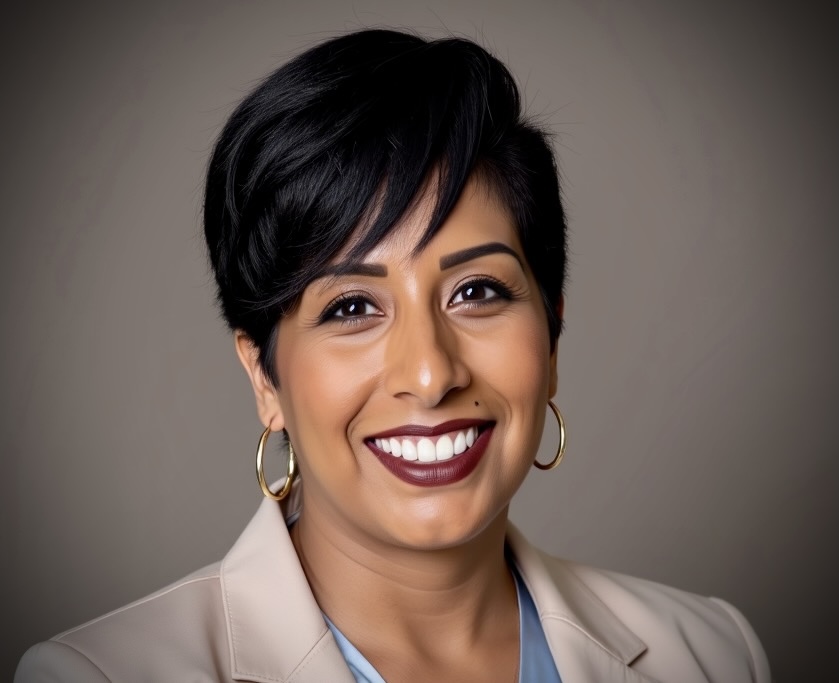 Woman with short, dark hair smiling with hoop earings