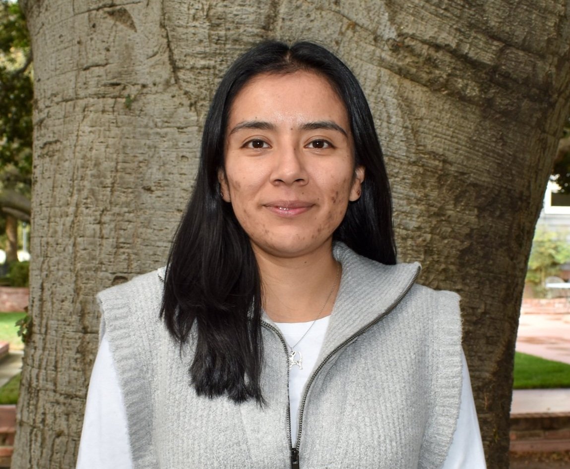 Mujer de pelo oscuro con camisa blanca y chaleco gris de pie delante de un tronco de árbol