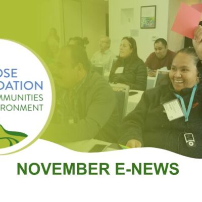 A group of people sit at tables during a workshop or meeting. One woman, smiling, holds up a red card. To the left, the Rose Foundation for Communities and the Environment logo is displayed. Text at the bottom reads "November E-News.