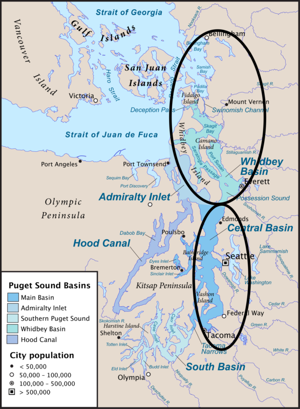 A map showing black circles that demonstrate the rough areas the Rose Foundation will consider funding water quality projects in for its Puget Sound Stewardship & Mitigation Fund.