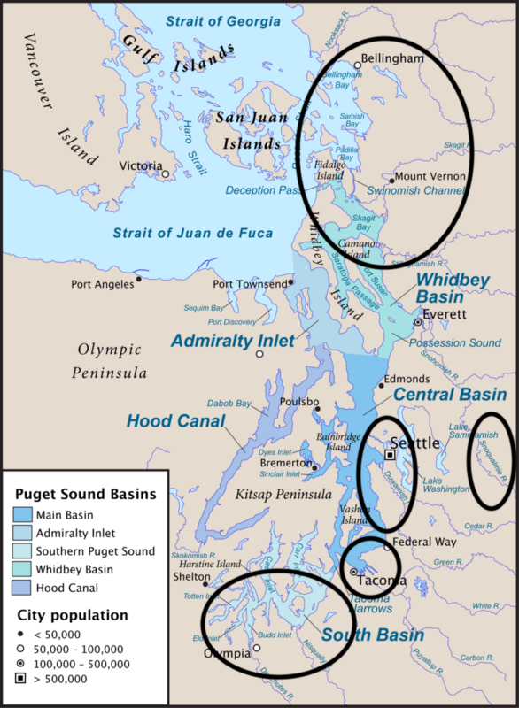 A map showing Puget Sound. Eligible project areas are circled in black.